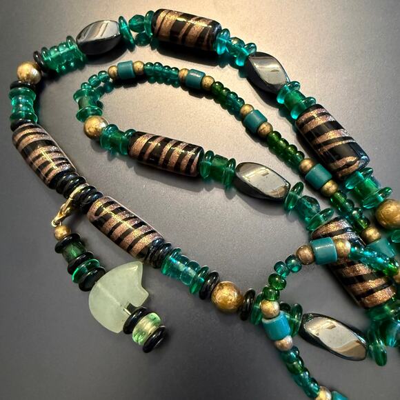 Boho Ethnic Hematite Jade Glass Beaded Pendant Necklace - Picture 5 of 8